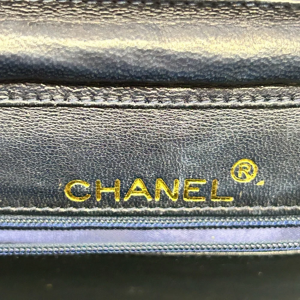 CHANEL Vintage Coco Mark Chain Navy Blue Lambskin Gold Chain Bag